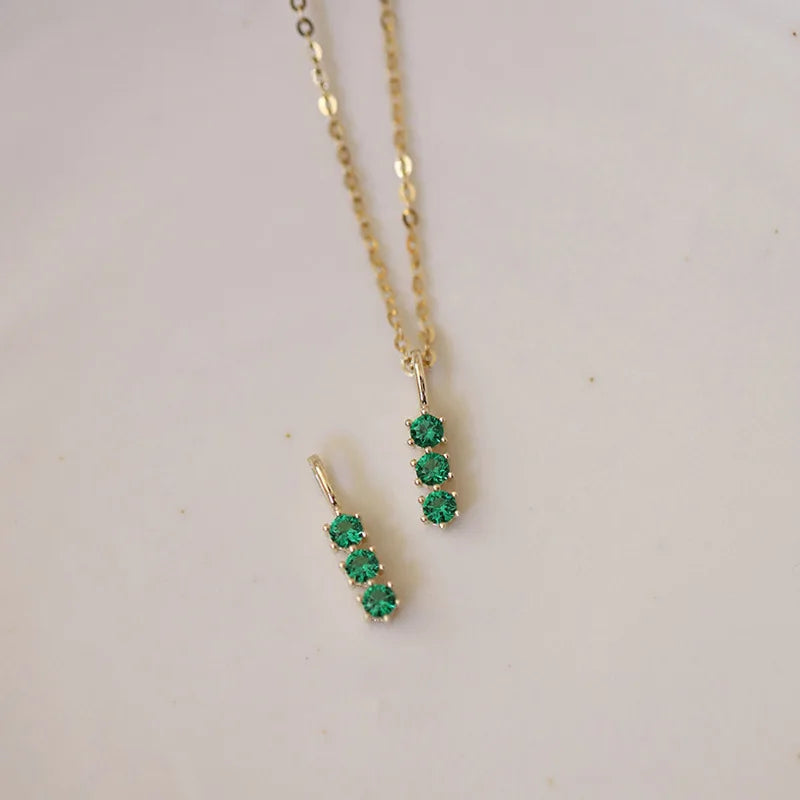925 Sterling Silver 14k Gold Plated Necklace for Women Retro Green Three Zircon Mini Clavicle Chain Exquisite Party Jewelry Gift