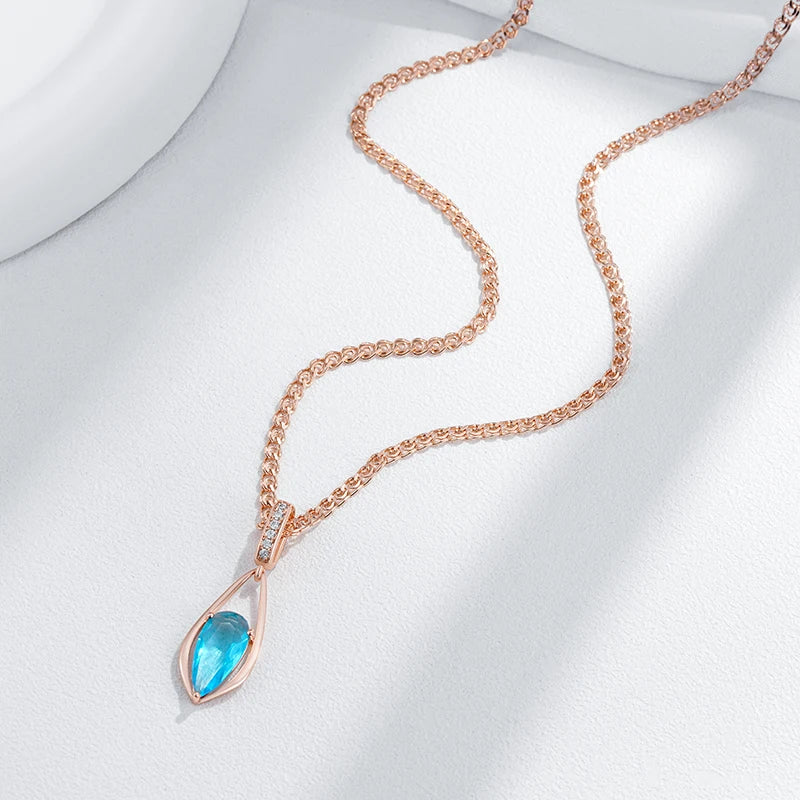 Kinel Luxury Blue Natural Zircon Water Drop Pendant Necklace for Women Fashion 585 Rose Gold Color Wedding Party Vintage Jewelry
