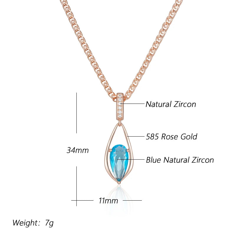 Kinel Luxury Blue Natural Zircon Water Drop Pendant Necklace for Women Fashion 585 Rose Gold Color Wedding Party Vintage Jewelry