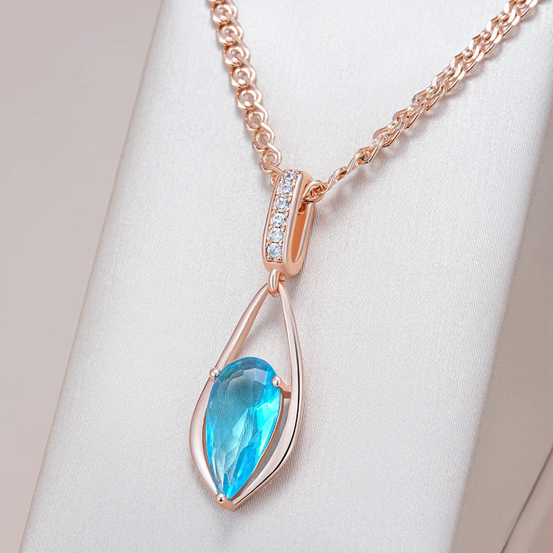 Kinel Luxury Blue Natural Zircon Water Drop Pendant Necklace for Women Fashion 585 Rose Gold Color Wedding Party Vintage Jewelry