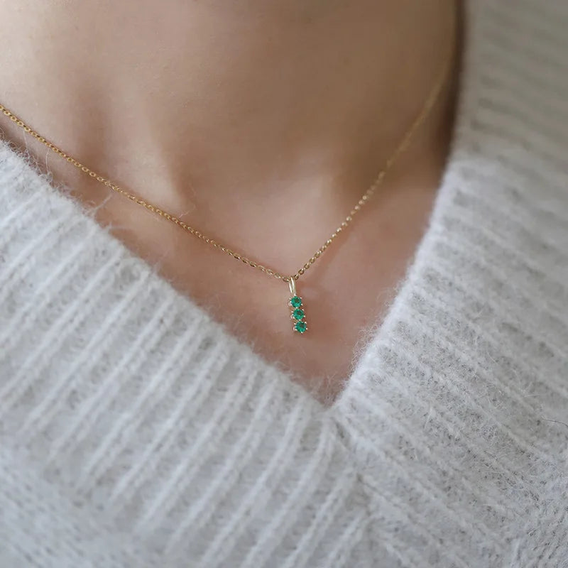 925 Sterling Silver 14k Gold Plated Necklace for Women Retro Green Three Zircon Mini Clavicle Chain Exquisite Party Jewelry Gift