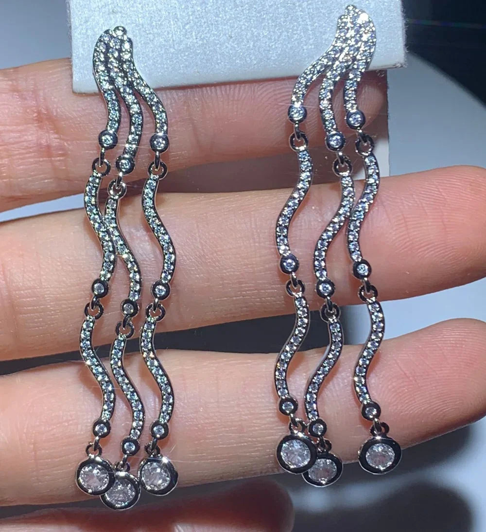 2025 New Arrived Hot Women Luxury Jewelry Full Paved 5A Cubic Zirconia CZ Tassel Chain Dangle Earrings