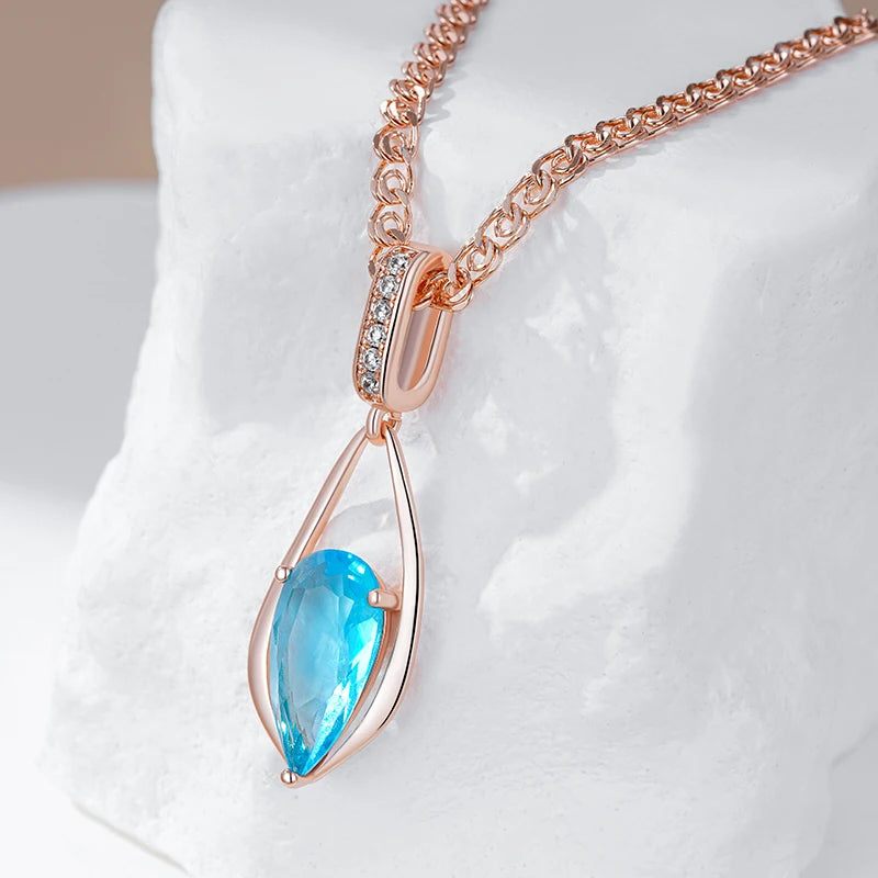 Kinel Luxury Blue Natural Zircon Water Drop Pendant Necklace for Women Fashion 585 Rose Gold Color Wedding Party Vintage Jewelry