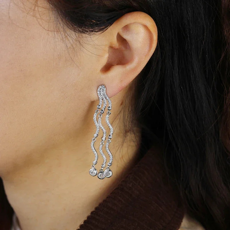 2025 New Arrived Hot Women Luxury Jewelry Full Paved 5A Cubic Zirconia CZ Tassel Chain Dangle Earrings