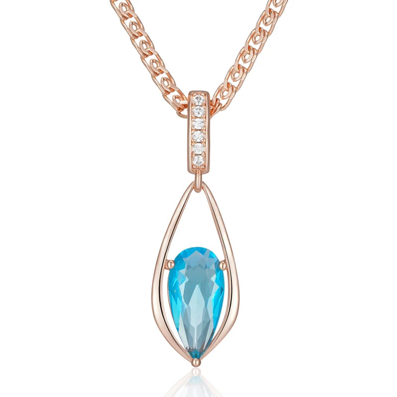 Kinel Luxury Blue Natural Zircon Water Drop Pendant Necklace for Women Fashion 585 Rose Gold Color Wedding Party Vintage Jewelry