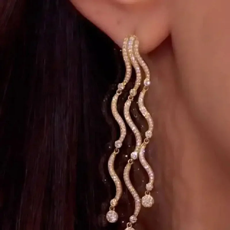 2025 New Arrived Hot Women Luxury Jewelry Full Paved 5A Cubic Zirconia CZ Tassel Chain Dangle Earrings