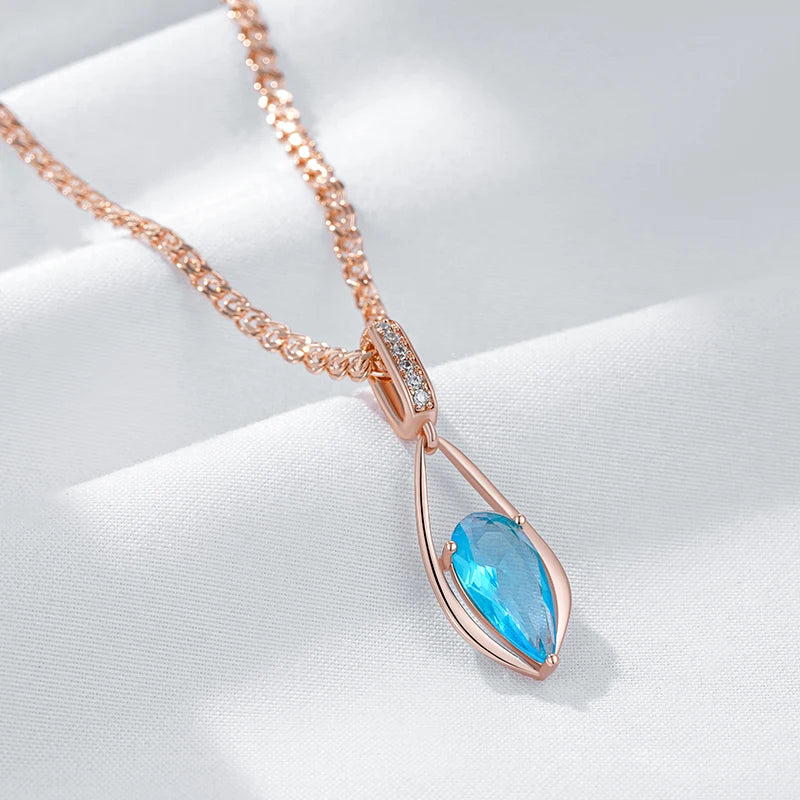 Kinel Luxury Blue Natural Zircon Water Drop Pendant Necklace for Women Fashion 585 Rose Gold Color Wedding Party Vintage Jewelry