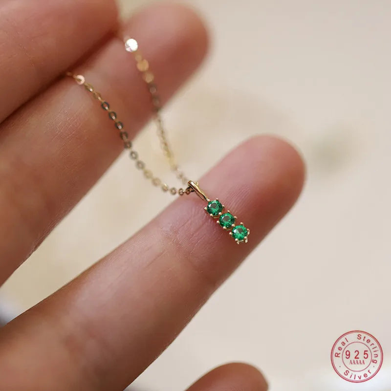 925 Sterling Silver 14k Gold Plated Necklace for Women Retro Green Three Zircon Mini Clavicle Chain Exquisite Party Jewelry Gift