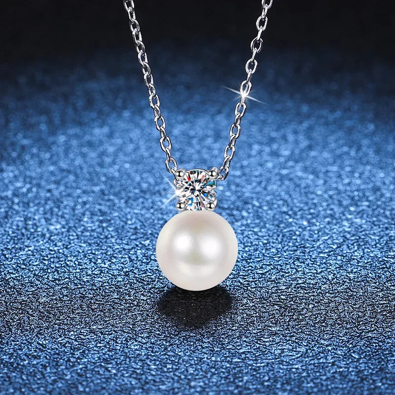 100% 925 Sterling Silver Natural Pearl 0.3 Carat Real Moissanite Pendant Necklace For Women Wedding Party Bridal Fine Jewelry